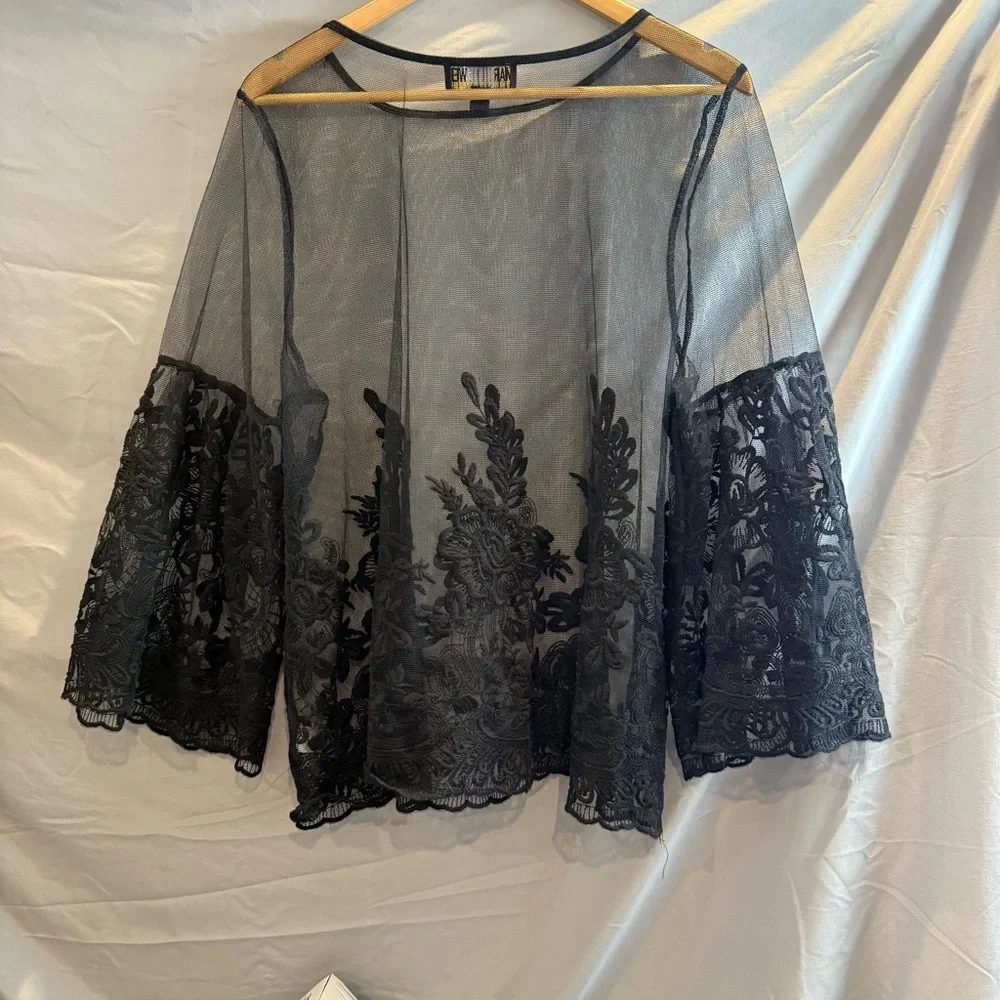 Marc Bouwer Black Sheer and Floral Lace Blouse Women’s XL - Picture 9 of 11